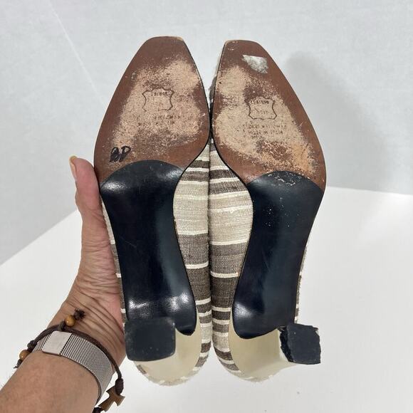 Stuart Weitzman Tan Cream Brown Stripe Woven Fabric Heels 7 B Pumps - Picture 8 of 10
